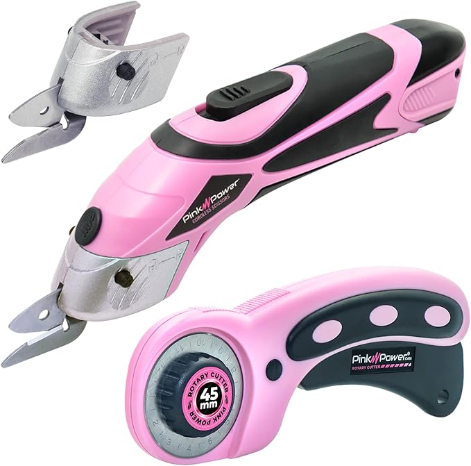 Pink Power Electric Fabric Scissors for Crafts, Sewing, Cardboard, Carpet & Scrapbooking - Heavy Duty Cutting Tool, Automatic Cordless Electric Scissors Fabric Cutter & Rotary Cutter Set (Pink)