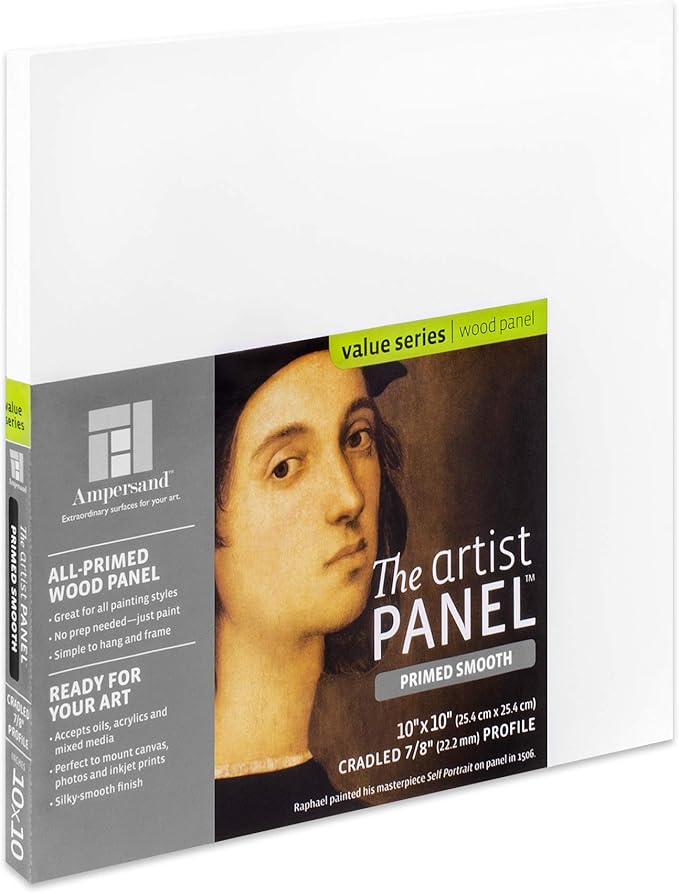 Ampersand Art Supply Wood Gesso Artist Painting Panel: Primed Smooth, 10" x 10", 7/8" Cradled Profile