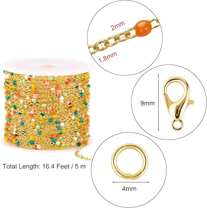16.4 Feet Gold Plated Stainless Steel Chains Bulk Colorful Enamel Bead Chain Roll for Jewelry Making Thin Cable Link with Findings for DIY Craft