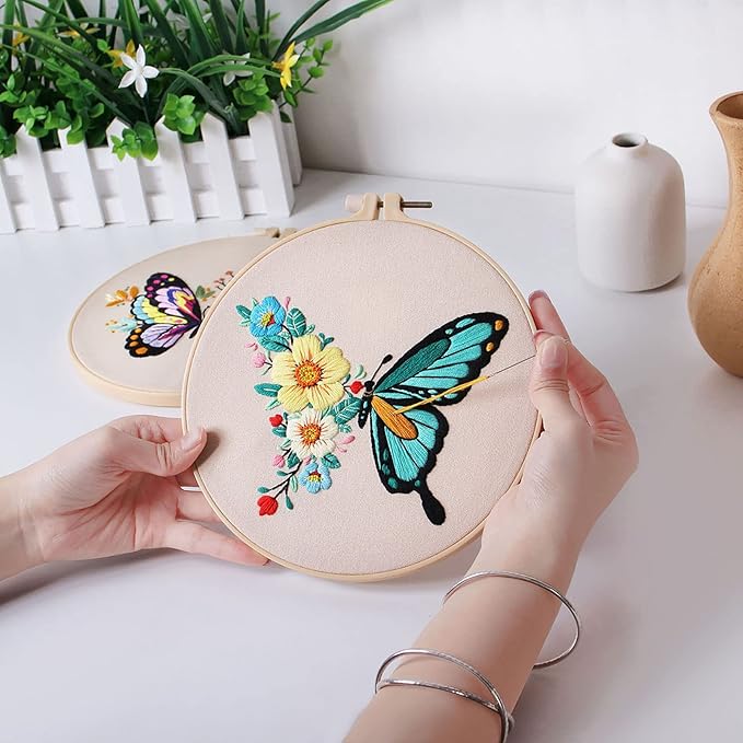 Konrisa Embroidery Kits with Butterfly Flower Pattern, Stamped Embroidery Starter Kit for Beginners Adults Needlepoint Kits Include Embroidery Fabric Embroidery Hoop Threads and Needles,Set of 2