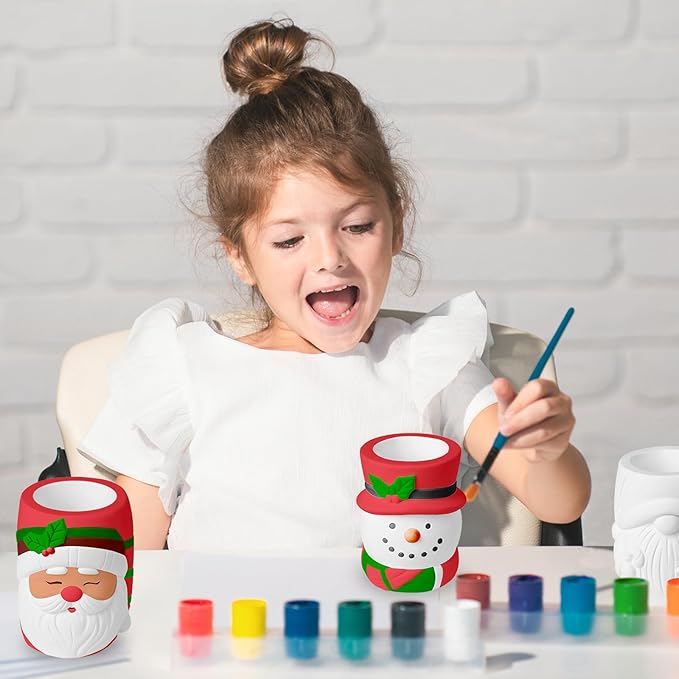 6 Pcs Christmas Ceramics Succulent Planters - Ready to Paint Your Own Garden Statues, DIY Paintable Ceramics Figurines Kit Crafts with Brush Palette for Adults Boys Girls (4.3 inch)