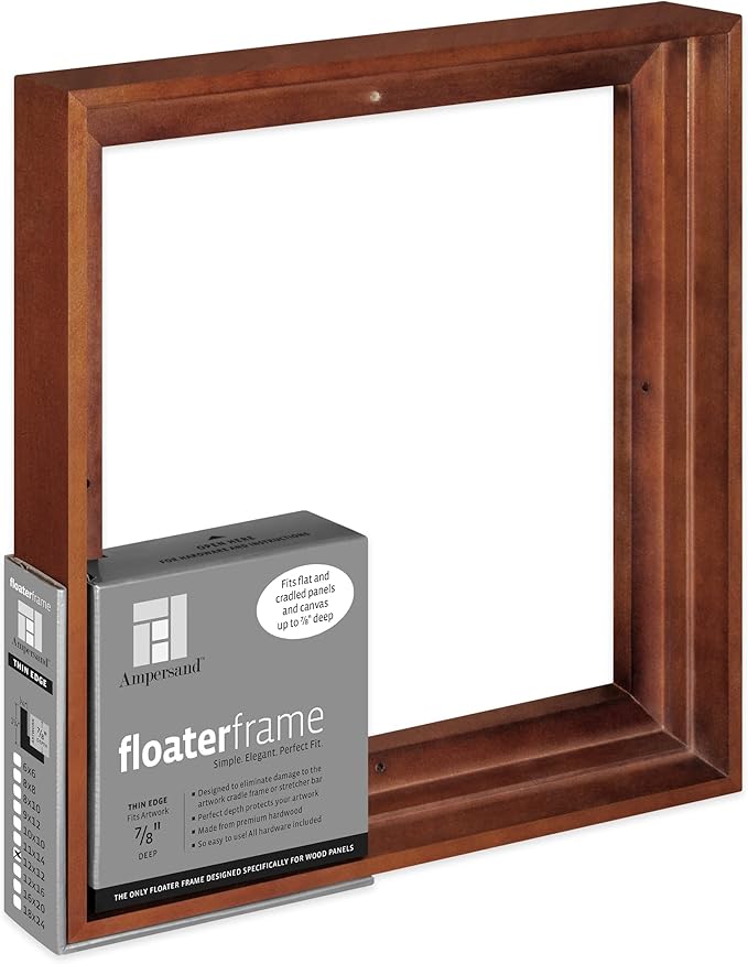 Ampersand Art Supply Floaterframe Readymade Frame for Flat and 7/8" Deep Wood Panel and Canvas Artwork, Paintings, Prints, and More, 12"x12", Walnut Thin