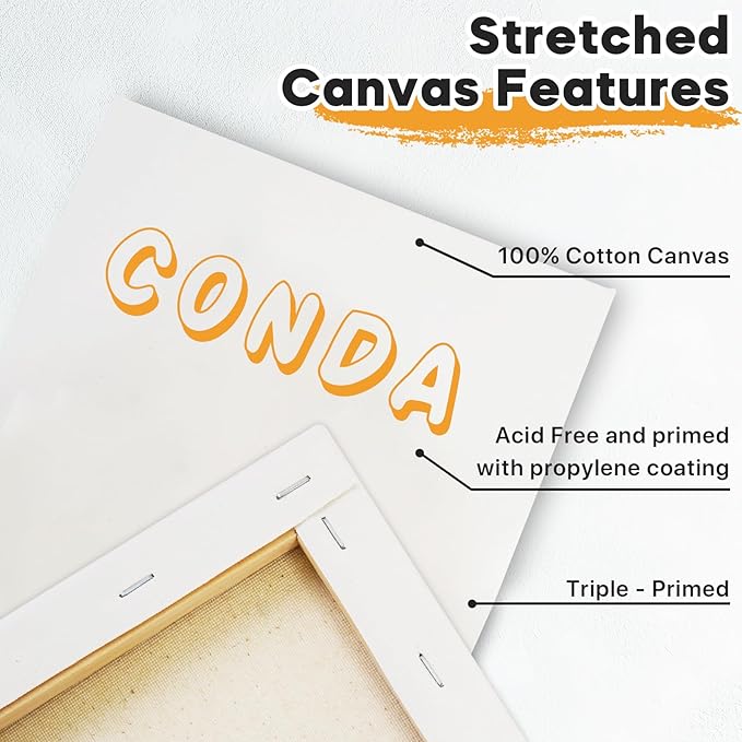 CONDA 6x6 inch Stretched Canvas for Painting, Pack of 12, 100% Cotton, 5/8 Inch Profile Value Bulk Pack for Acrylics, Oils Painting