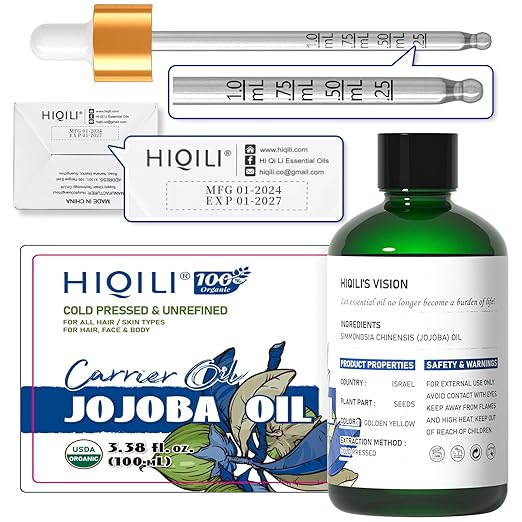 HIQILI 100ML Jojoba Oil Organic for Hair Growth,100% Pure Cold Pressed Unrefined, Included Roller Bottle for Massage - 3.38 Fl Oz