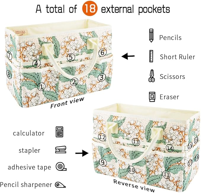 E-WEICHEN Craft Organizer Tote Bag Art Storage Caddy with Multiple Pockets Containers for Art,Craft,and Office Supplies Storage.White Campanula