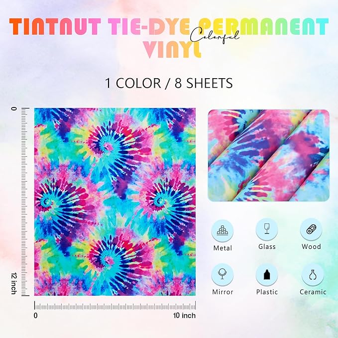 Tintnut Tie Dye Permanent Vinyl - 8 Sheets 12"x10" Swirl Patterned Permanent Adhesive Vinyl for Cutting Machine,Home Decor Self Sticker