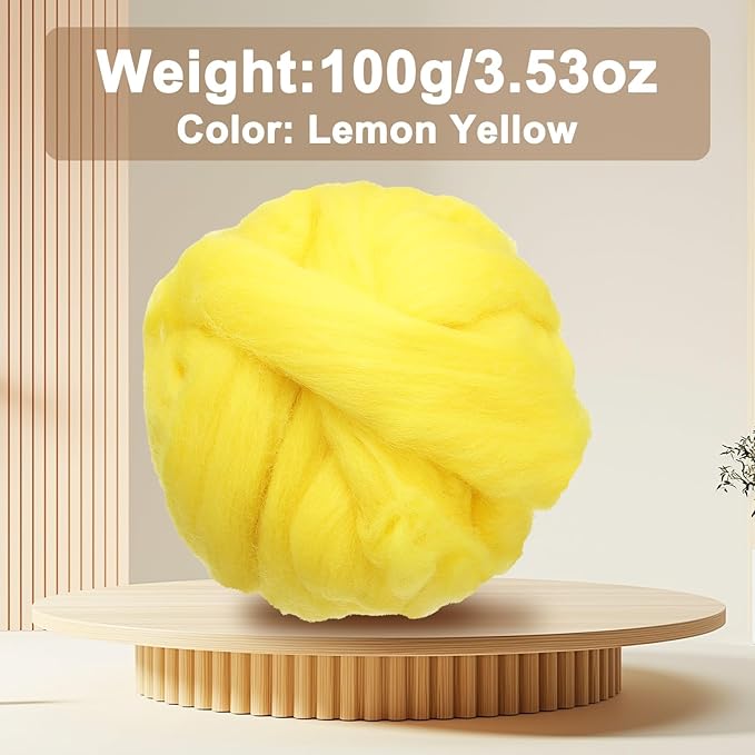 uxcell 3.53oz Wool Roving Yarn, Needle Felting Wool Fiber DIY Craft Needle Wet Felting Supplies for Blending Weaving Handcrafts, Lemon Yellow