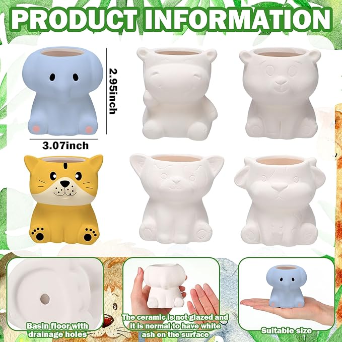 6 Sets Paint Your Own Ceramic Animal Succulent Planters Paintable Animal Ceramic Small DIY Figurines Unpainted Succulent Pots with Drainage Hole for Adults