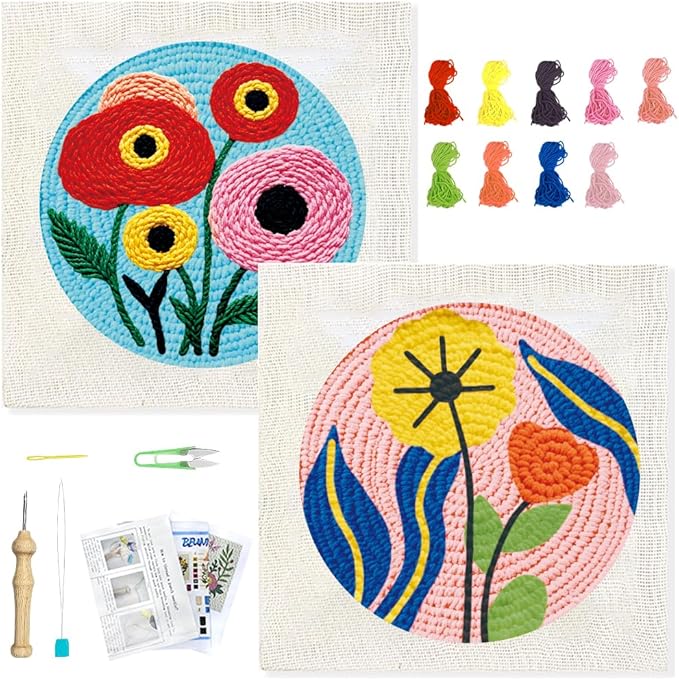 BEUNITONE 2PCS Bohemian Flower Punch Needle Kit for Adults Beginners, Complete Craft Kit Needlepoint Kits for Adults with Hoop, Punch Needle Starter Craft Set for Cloth Festival Gift and Home Decor
