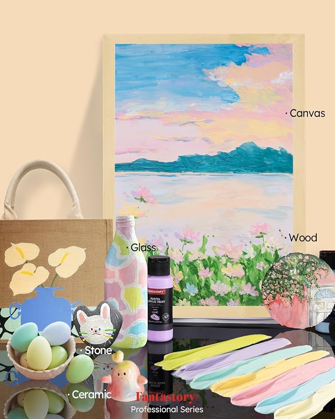 Fantastory Pastel Acrylic Paint Set, 24 x 2oz Creamy Pastel Colors +12 Brushes, Exceptional Coverage, Craft Painting Kit, for Canvas/Rock/Ceramic/Model/Wood,Painters,Instructors. [Professional Series]