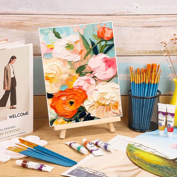54 Pack Canvas with Easel Set 8 x 10 Inch Canvas Boards with Wooden Easels, Paint Brushes Canvas Panel Painting Kit for Acrylic Oil Watercolor Beginners Art Crafts Sip and Paint Party