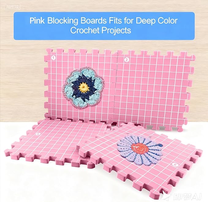 MEVOME Blocking Mats for Knitting 200 T-pins 100 Locking Stitch Markers, Extra Thick Block Boards Crochet Projects Grid Lines Needlepoint Knit Crocheting, 9 Foam Interlocking Mat Storage Bag (Pink)