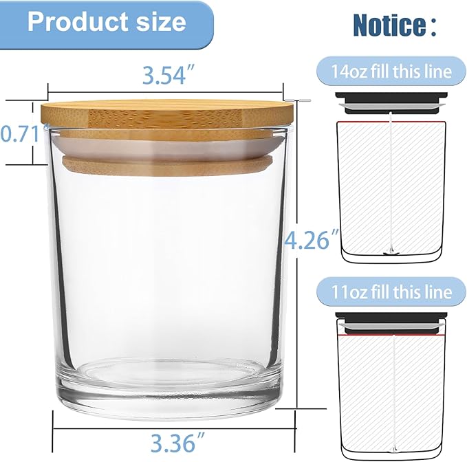 CONNOO 8 Pack 14 OZ Clear Glass Candle Jars with Bamboo Lids for Making Candles, Large Size Empty Candle Tins with Sticky Labels - Leakproof & Dishwasher Safe.