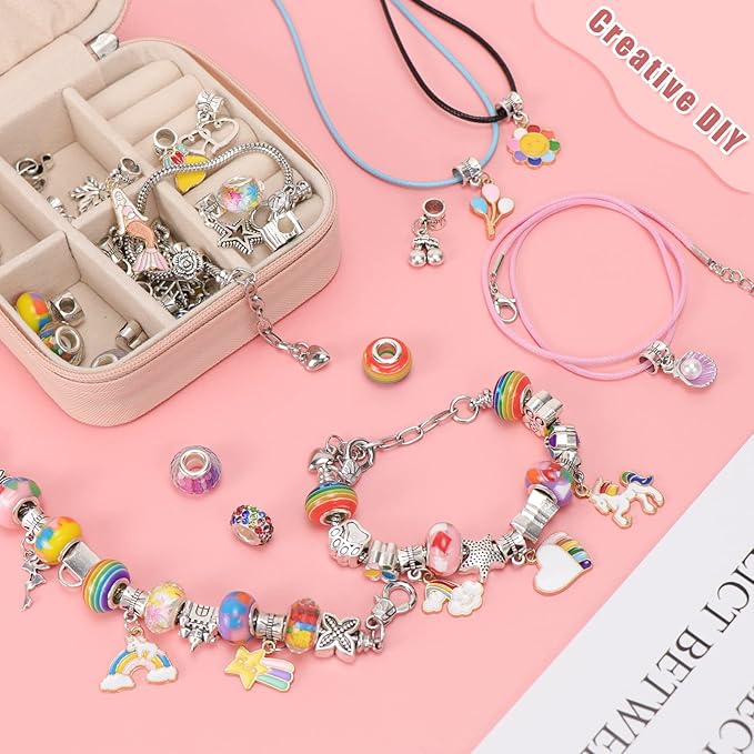 Hysagtek Charm Bracelet Making Kit - 66 Pcs DIY Jewelry Making Kit Bracelet Making Kit Beads Necklace Crafts for Teen Girls with Portable Bracelet Organizer Box, Rainbow