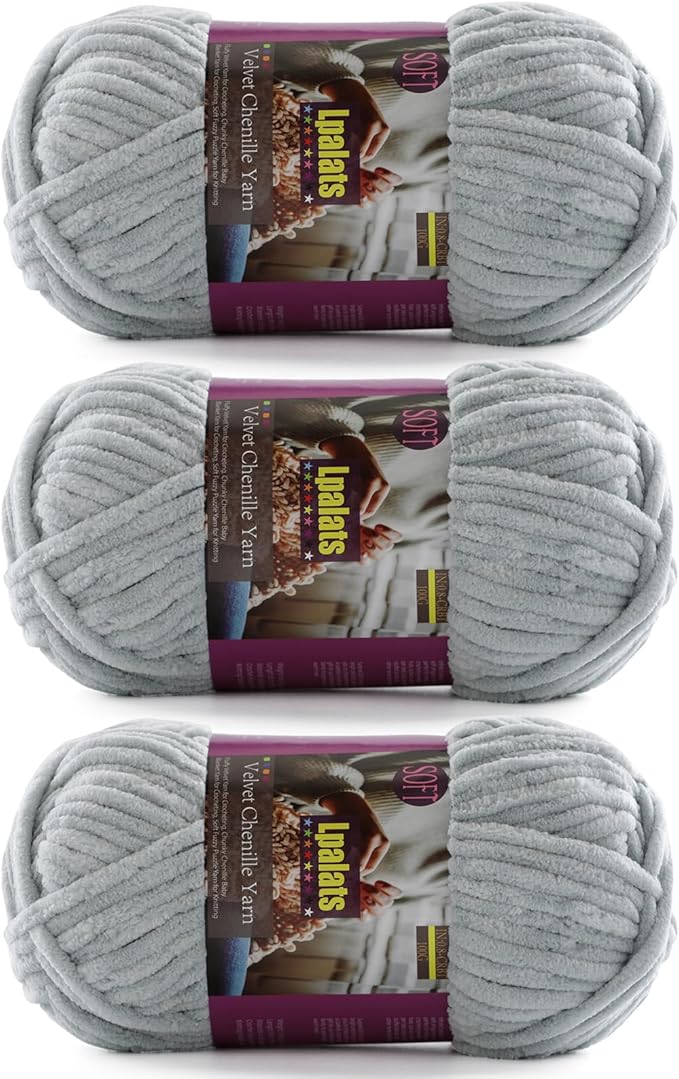 Chunky Chenille Yarn for Crocheting - 3x100g/3.5oz Baby Blanket Yarn for Crocheting Soft - 262 Yards Fluffy Thick Plush Yarns for Knitting Blankets Amigurumi (3, Light Grey)