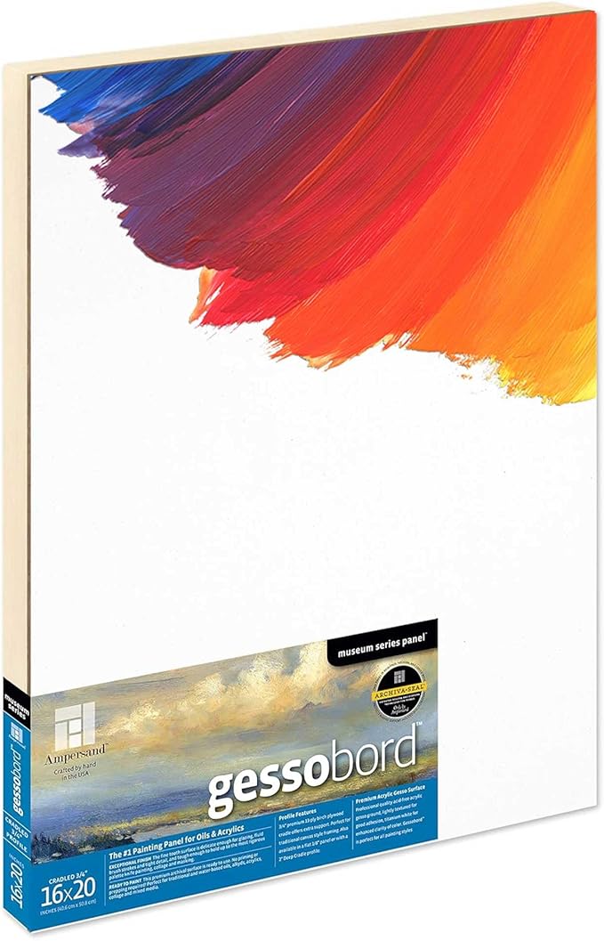Ampersand Art Supply Gesso Wood Painting Panel: Museum Series Gessobord, 16" x 20", 3/4" Cradled Profile