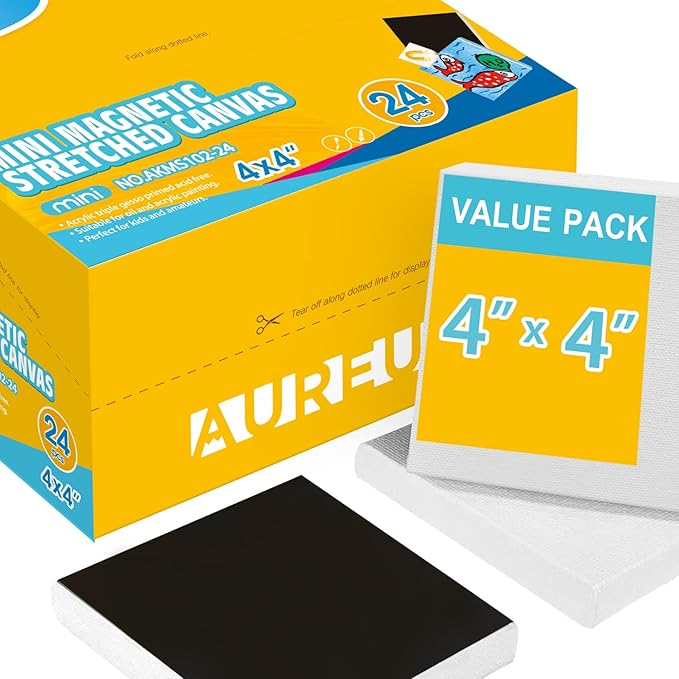 AUREUO Mini Magnetic Stretched Canvas 4x4 Inch / 24 Pack - Small Square Wrapped Halloween Canvas Board with Magnet Back, Art Gift Set Tiny Framed Bulk Pack Canvases for Acrylic Painting & Craft