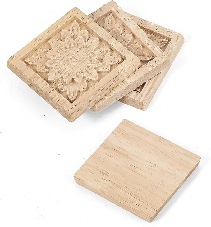 4Pcs Unpainted Solid Wood Floral Appliques, 2.4x2.4 Inch Cabinet Onlays, Handmade Carved Wood Decor for Furniture, Doors, DIY Home Decor Projects (Square, Unfinished)