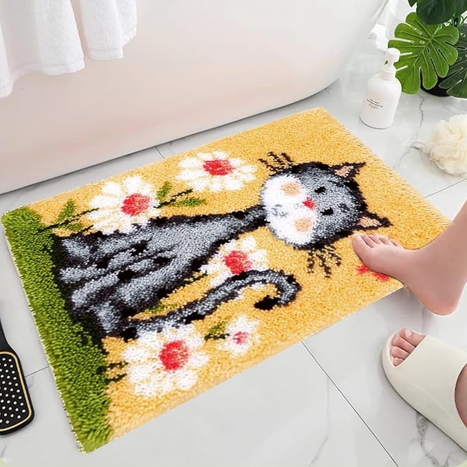 kingsea Latch Hook Kit for Adults, DIY Crochet Yarn Rug with Pattern Printed Latch Hook Rug Kit for Teen, Latch Hook Kit for Beginners - Cat and Flower, 20in x 15in