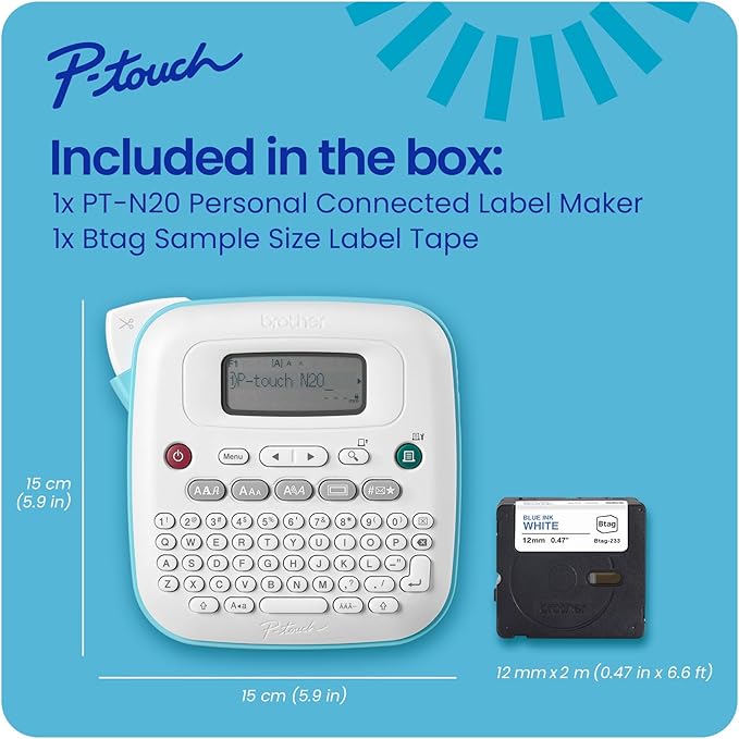Brother P-Touch PT-N20 Personal Desktop Label Maker, Portable, Handheld and Prints, P-Touch Btag ~½” (12mm) Wide Color Personalized Label Tapes (Pack of 3)