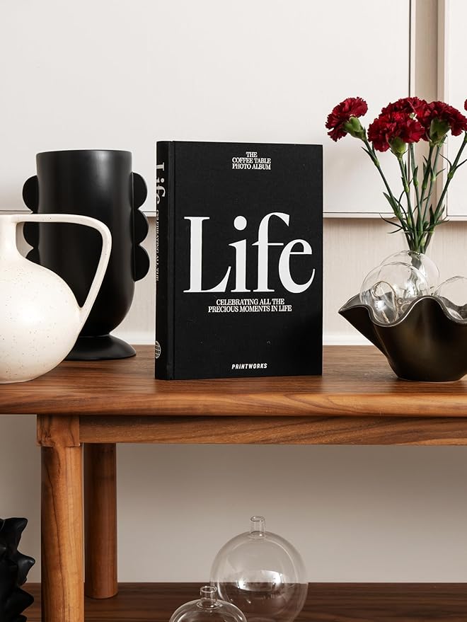 PrintWorks Photo Book – Life, Black – Minimalist Expandable Hardcover Album Book with 80 Pages – Stylish Bookshelf Picture Album