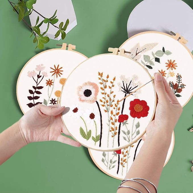 Ohcol 3 Sets Embroidery Kit,Needlepoint Kits for Adults,Needle Point Cross Stitch Kits for Beginners with Washable Pre-Printed Floral Pattern,3 Hoops,Women DIY Hand Crafts