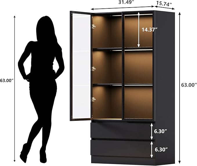 Wooden Display Cabinet with Glass Doors & 2 Drawers,LED Lights Glass Display Case,Showcase for Collections, Curio Cabinets, Bookcase and Glassdoor Display Cabinet(Black- 2 Drawers)