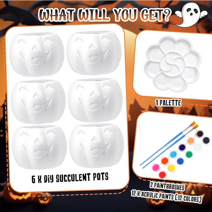 Pasimy 6 Set DIY Ceramic Succulent Planter Pots Paint Your Own Flower Pots Craft Kit Unpainted Bisque Paintable Flowerpot with Brush Palette Ready to Paint for Family Activity Gift (Evil Pumpkin)