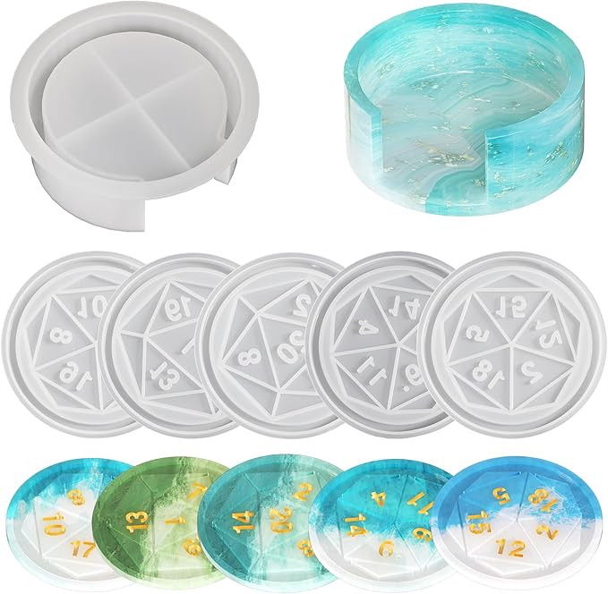 6 Pack Dice Coaster Mold 5 Piece Coaster + 1 Piece Coaster Holder Mold Dice Tray Mold Dice Resin Mold Resin Casting Mold Resin Making Molds Silicone Mold for Resin DIY Art Craft Supplies