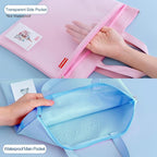 Pendancy Mesh Zipper Pouch 11x13.7 in, 2 pcs Large Double Pocket Waterproof File Bag with Handle, A4 Size Foldable Document Storage for Puzzle Project/Cross Stitch/Travel/Office（Blue Pink）