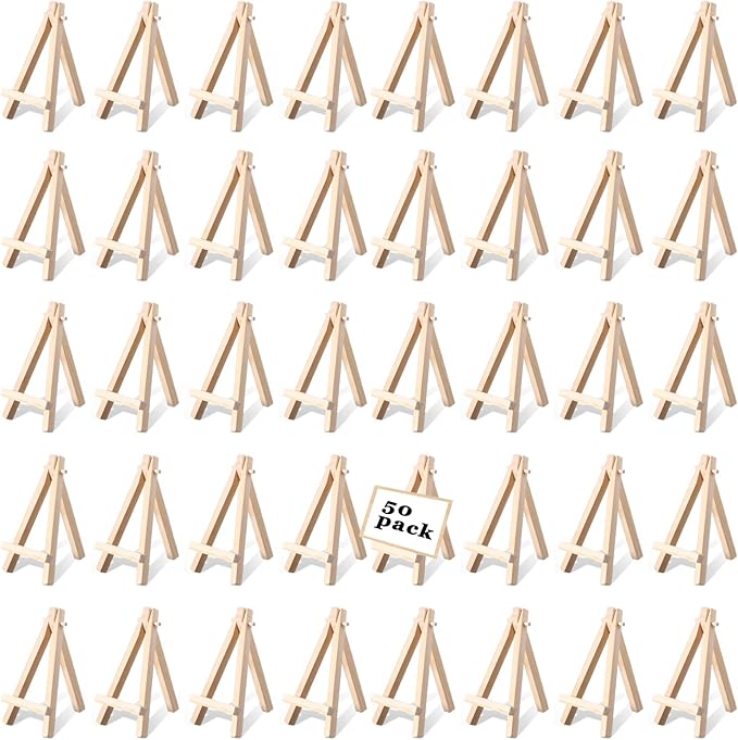50 Pcs Mini Easels 5 Inch Mini Easel Stand Wooden Easel Art Craft Painting Triangle Stand Canvas Holder Small Easels for Display Card Photos Tabletop Phone Wedding