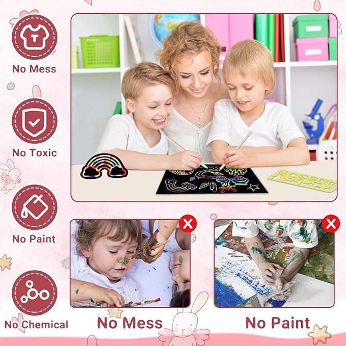 ZMLM Scratch Rainbow Art Paper Set - 100Pcs Magic Scratch Off Art Craft Supplies Kits for Kids Girls Boys Black Scratch Notes Sheet Doodle Pad for Fun DIY Toy Party Favors Christmas Birthday Gift