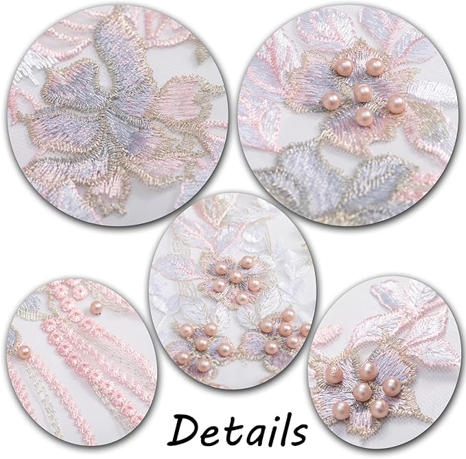 Beaded Pearl Flower Fabric Lace Applique, Floral Embroidered Patches Handmade Sewing Tool for DIY Neckline Bodice Wedding Bridal Prom Dress(Pink-Large)
