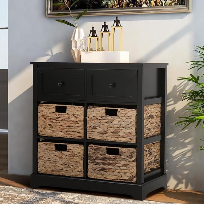 PHI VILLA Black Storage Cabinet with Baskets, Accent Chest for Bedroom Cabinet with Drawers Rattan Cabinet End Table