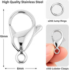 Mandala Crafts 10mm Stainless Steel Lobster Clasps for Jewelry Making - 100 PCs SS Lobster Claw Clasps with Jump Rings Jewelry Findings Kit for Necklaces Bracelets Charms Fasteners