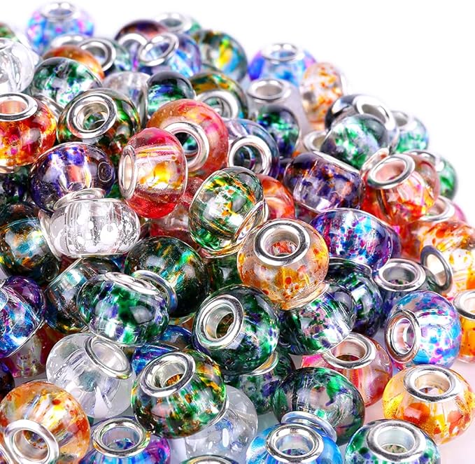 100 Pieces 14mm European Large Hole Spacer Beads Mix Color with Silver Brass Cores Assortments Charm Lampwork Beads Supplies for Necklace Bracelets Jewelry Making (Transparent Spray)