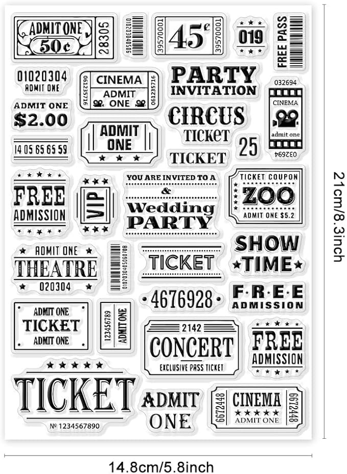 GLOBLELAND Tickets Clear Stamps for Cards Making Movie Ticket Clear Stamp Seals 5.83x8.27inch Transparent Stamps for DIY Scrapbooking Photo Album Journal Home Decoration