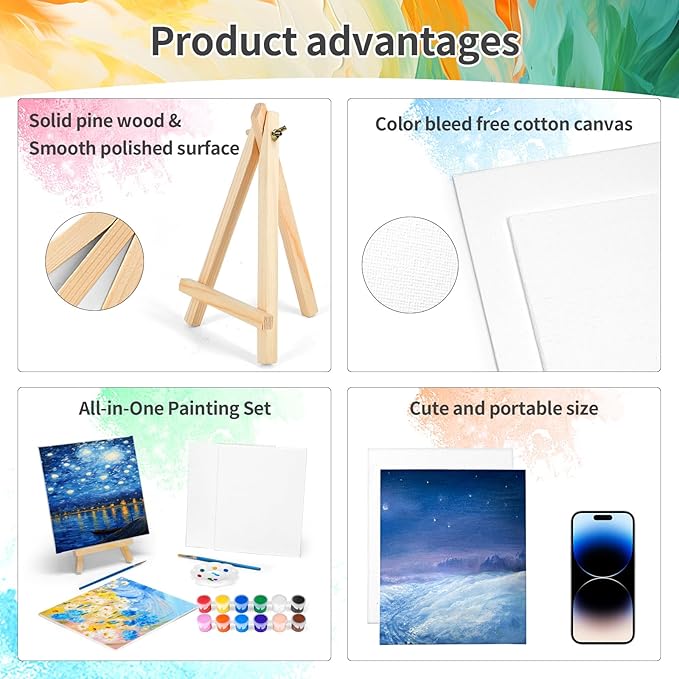 8 Pack 8 * 10In Canvas Boards for Painting, Art Canvas for Drawing with 16 Brushes & 8 Paint Trays & 16 Acrylic Paint, Mini Painting Canvas with Easel Set, Painting Kits for Adults & Kids Party