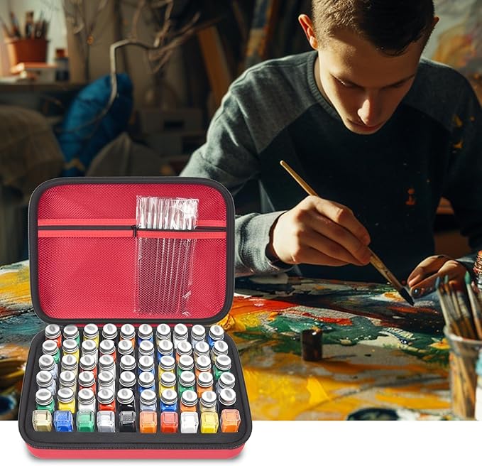 Model Paint Storage Case for Testors Paint Set, Paints Organizer Carrying Bag Holds 60 Bottles with 9 Fine Detail Miniatures Brushes, Enamel Paint Container, Drawing Ink Holder-Box Only (Red)
