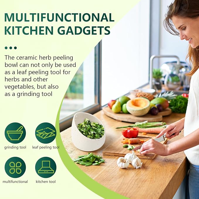 Pottery Herb Stripper Bowl, Handmade Ceramic Herb Peeling Bowl, for Separating Leaves and Stems (White)