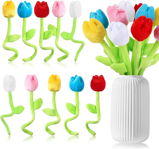 10 Pcs Plush Tulips Flower Stuffed Bendable Stems Plush Bouquet Toy Soft Rose Flower 12.6 Inch for Christmas 2025 Mother's Day Girl Girlfriend Wife(10 Pcs Colorful Tulip Series)