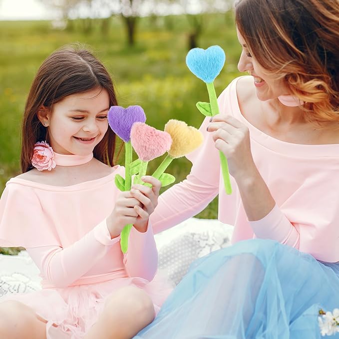 10 Pcs Plush Heart Floral Stuffed Bendable Stems Plush Bouquet Toy Soft Rose Flower 12.6 Inch for Christmas Classroom 2025 Mother's Day Valentines Day Girl Girlfriend Wife(10 Pcs Colorful Heart)