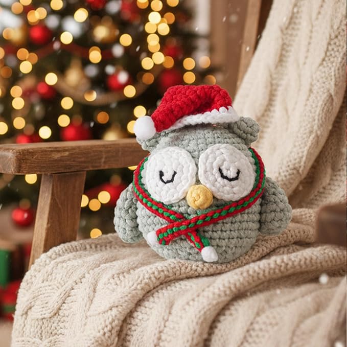 CrochetBox Crochet Kit for Beginners Adults - Christmas Owl Starters Crochet Kit, Beginners Crocheting Kitting for Adults Teen, Craft Gifts with Crochets Yarns, Hook, Step-by-Step Video, Instruction