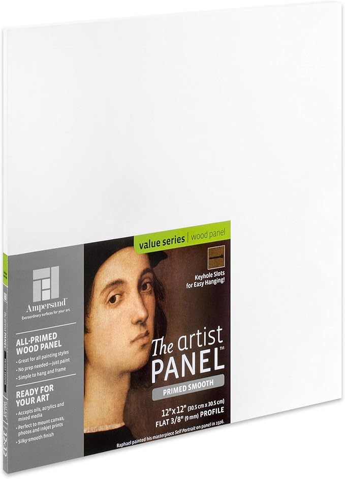 Ampersand Art Supply Wood Gesso Artist Painting Panel: Primed Smooth, 12" x 12", 3/8" Flat Profile