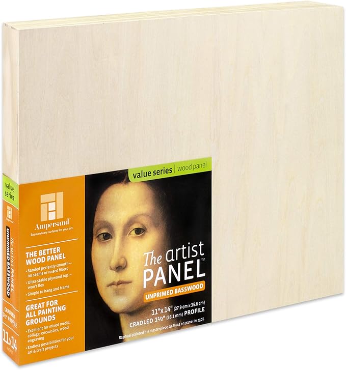 Ampersand Art Supply Unprimed Basswood Artist Panel, 1-1/2" Cradled Profile 11"x14"