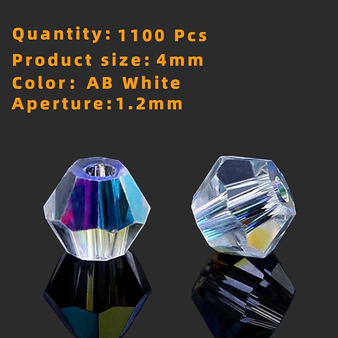 1100PCS 4mm Bicone Crystal Glass Beads for Jewelry Making, Sparkling Mini Beads for Suncatchers, DIY Bracelets & Craft Projects (AB White)
