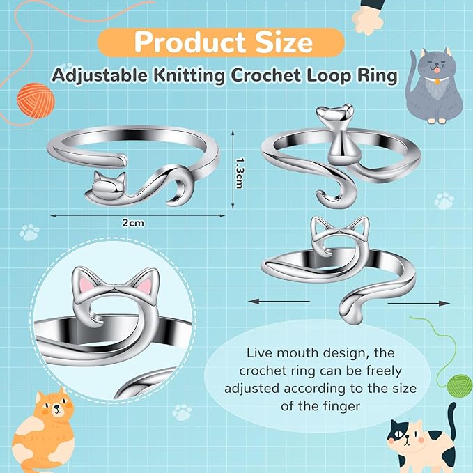 MARFOREVER 5 Pcs Crochet Rings Cat Crochet Tension Ring, Adjustable Crochet Tension Loops for Fingers Yarn Guide Knitting Crochet Accessories with Box for Mom Grandma Women