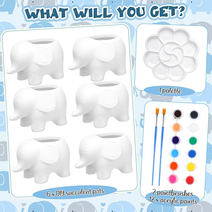 Pasimy 6 Set DIY Ceramic Succulent Planter Pots Paint Your Own Flower Pots Craft Kit Unpainted Bisque Paintable Flowerpot with Brush Palette Ready to Paint for Family Activity Gift(Elephant)