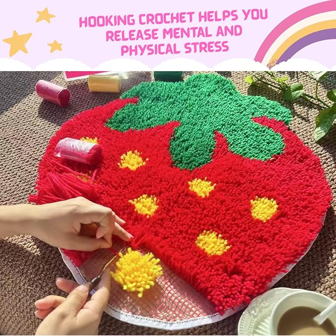 MeoobkCraft Flirty Strawberry for Latch Hook Kits for Adults Kids Beginners Strawberry Pre-Printed Latch Hook Rug Kits Embroidery Cross-Stitch for Home Home Decoration 19.7 x 19.7in