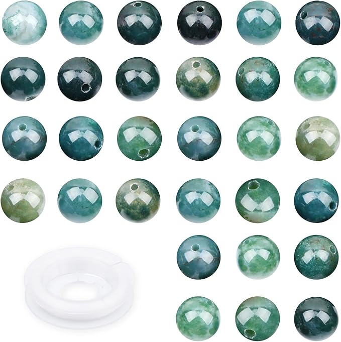 10mm 100pcs Natural Stone Beads Green Moss Agate Round Genuine Stone Beading Loose Gemstone Hole Size 1mm DIY Charm Smooth Beads for Bracelet Necklace Earrings (Green Moss Agate 10mm)